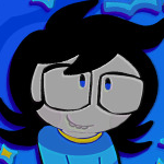 A headshot of June Egbert in a blue striped sweater. She is on a blue background with a few geometric shapes. Art by @dj-yaniel on tumblr.