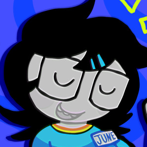A headshot of June Egbert in a blue striped sweater. She is on a purple background with abstract shapes in the background. Art by @dj-yaniel on tumblr.